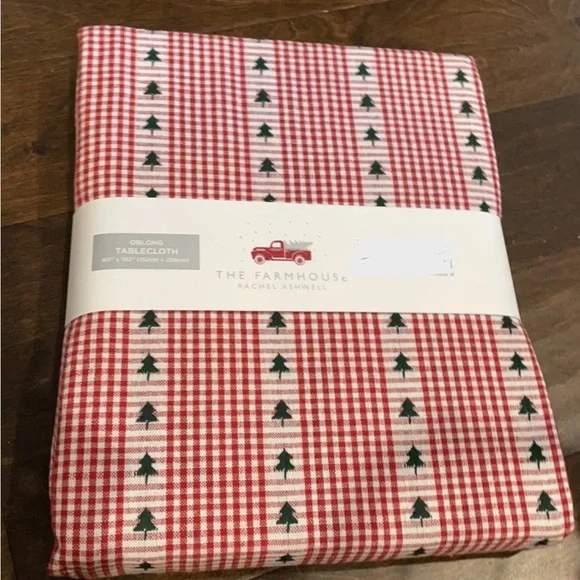 The Farmhouse Rachel Ashwell Christmas Tree Tablecloth Plaid 60” Round Red - Picture 2 of 2